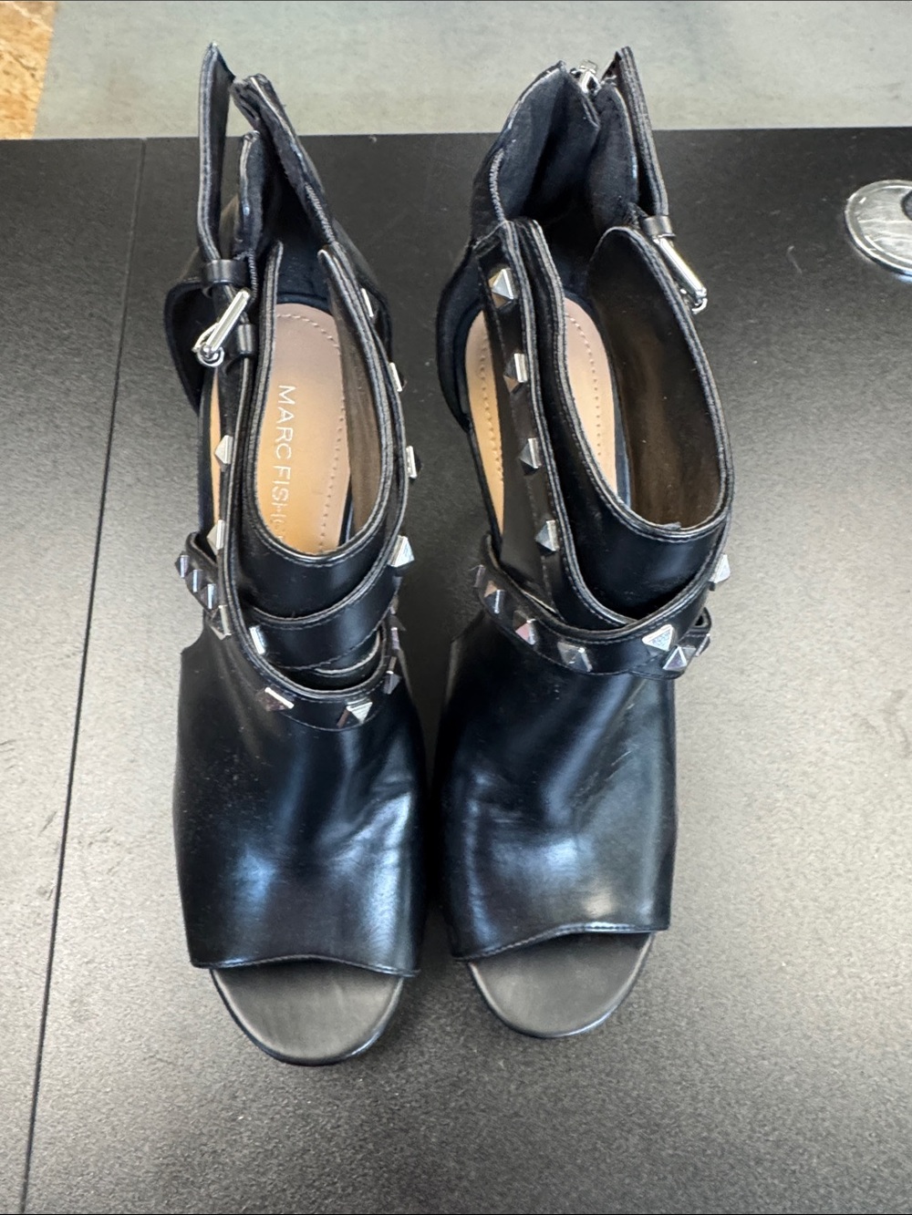Marc Fisher Black Leather Studded Open-Toe Booties with Silver Accents